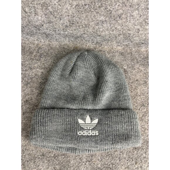 Adidas Originals Hat Beanie One Size Gray Trefoil Logo Cuffed Knit Winter Mens - Picture 1 of 5